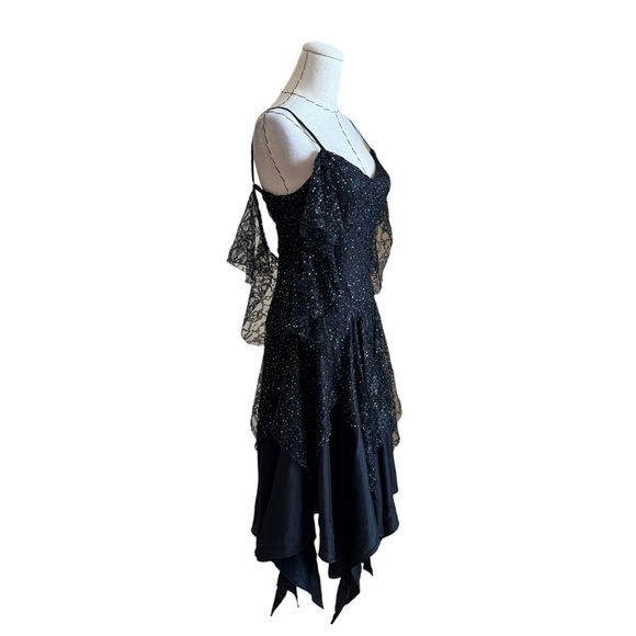 Vintage 80s Nuance Black Gold Swiss Dot Tulle Dress Stevie Nicks Fairy Witchy - Picture 6 of 17